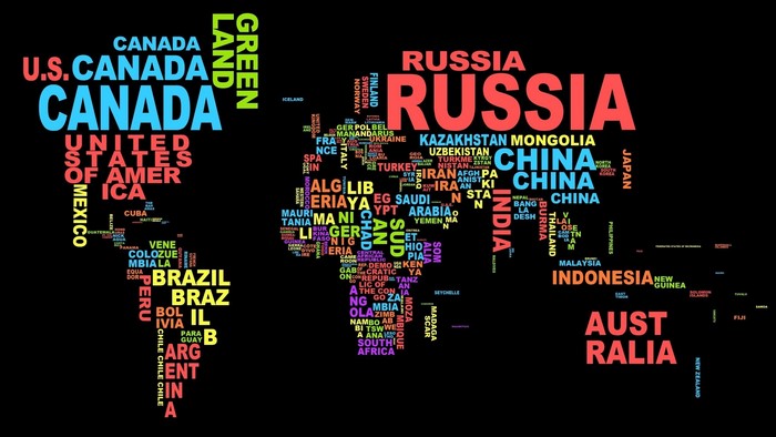 Word cloud world map with country names