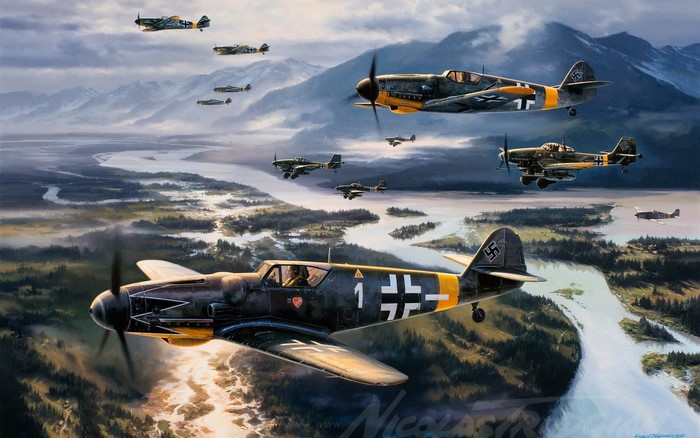 Messerschmitt Bf 109 Formation Over Landscape
