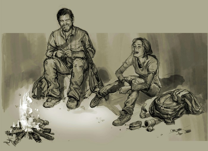 Joel and Ellie from The Last of Us by a campfire