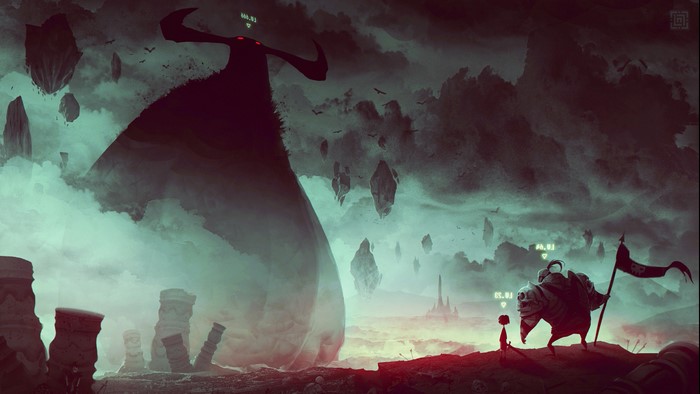 Fantasy art of a giant creature and adventurers