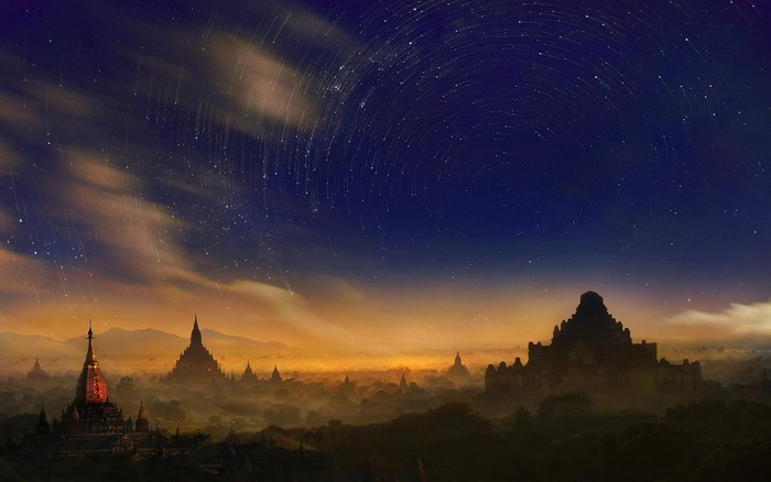 Bagan temples under star trails in Myanmar