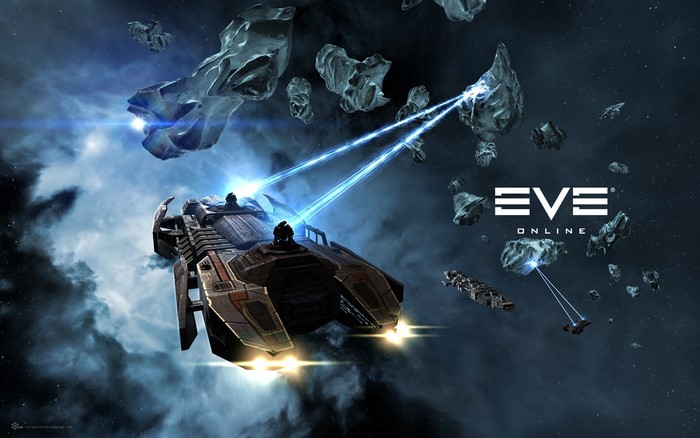 Spaceships mining asteroids in EVE Online