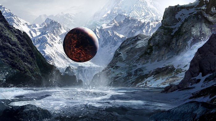 Planet over icy mountains and frozen lake