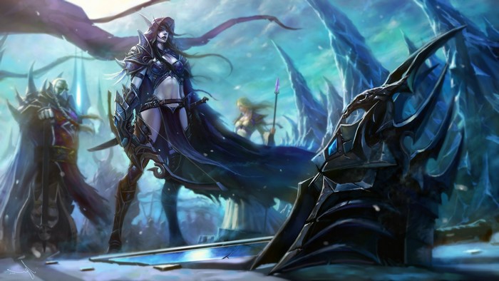 Sylvanas Windrunner and allies in a frozen landscape