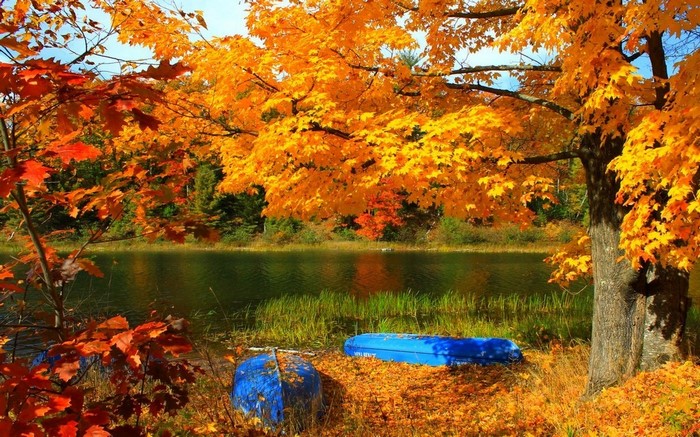 Autumn Lake Scene with Blue Boats and Colorful Trees