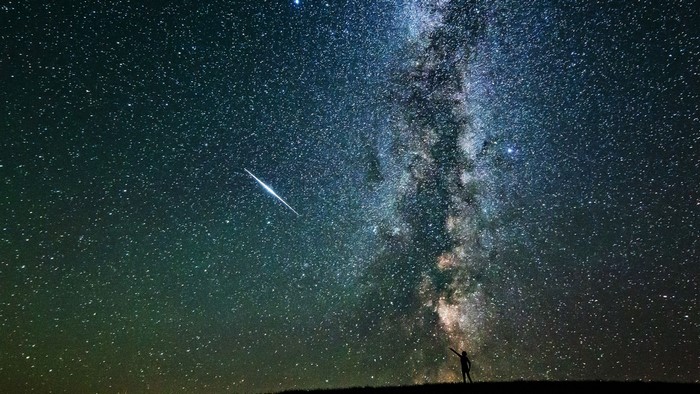 Milky Way Galaxy with Meteor Shower and Silhouette
