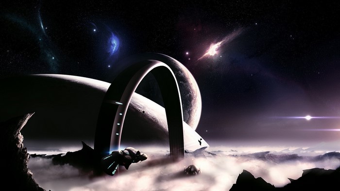 Sci-fi Archway in Space with Planets and Nebulae