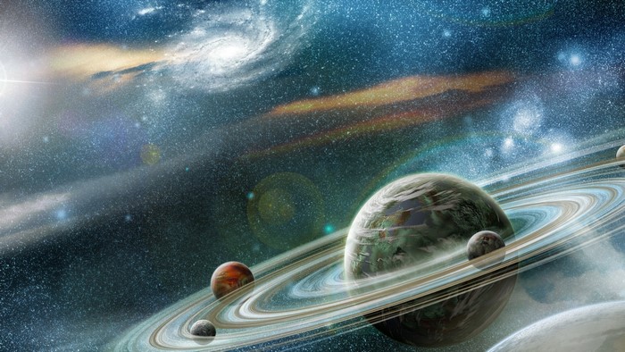 Digital art of a ringed planet and moons in space