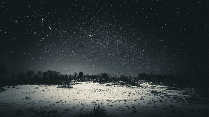 Snowy landscape under a starry night sky