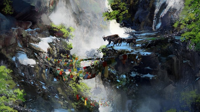 Artwork from Far Cry 4 showing mountain goats and prayer flags