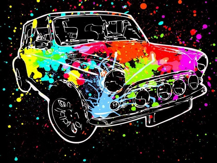 Car with colorful paint splatters on black background