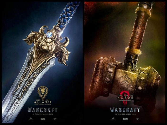 Warcraft movie posters with Alliance sword and Horde axe
