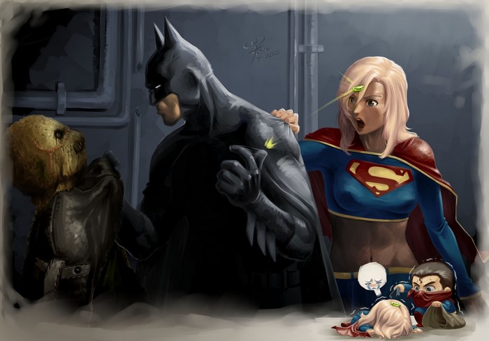 Batman, Supergirl, and Scarecrow with Kryptonite