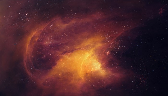 Digital art of a vibrant orange and purple nebula in space