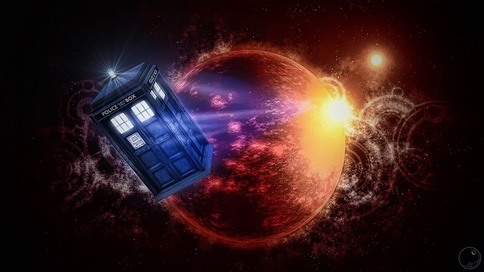 Doctor Who TARDIS in Space Near a Fiery Planet