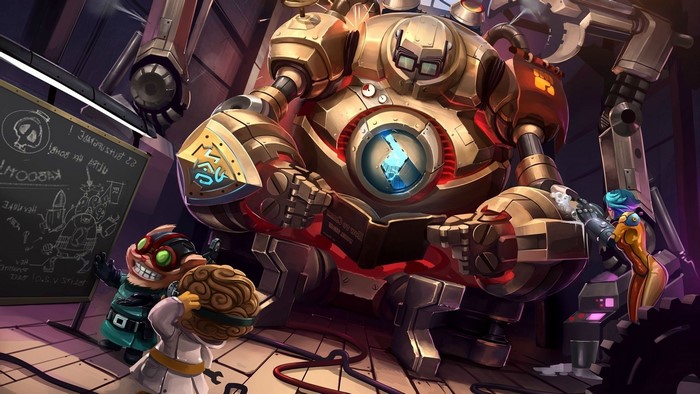 League of Legends characters Blitzcrank, Ziggs, and Heimerdinger in a lab