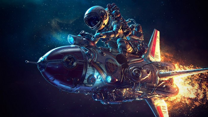 Astronaut riding a rocket through space