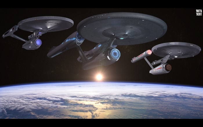 Star Trek USS Enterprise Spaceships Above Earth