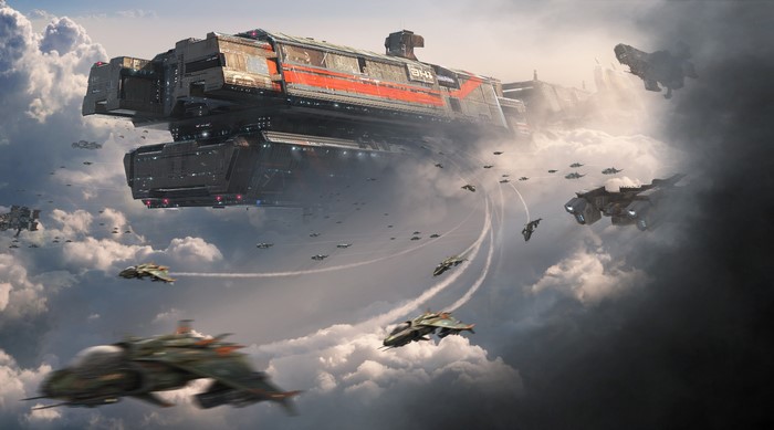 Futuristic mothership and fighter craft in clouds