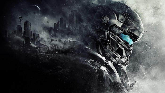 Spartan Locke from Halo 5 in a destroyed city