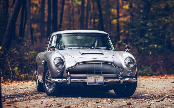 Aston Martin DB5 with 007 license plate in fall forest