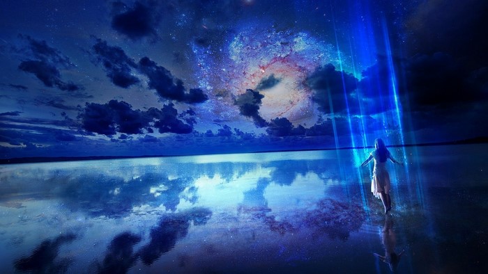 Woman walking in water under galaxy and light beams