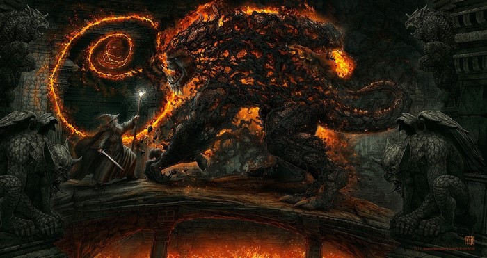 Gandalf fighting a Balrog in The Lord of the Rings