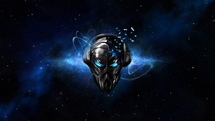 Shattered Skull Mask with Headphones in Space