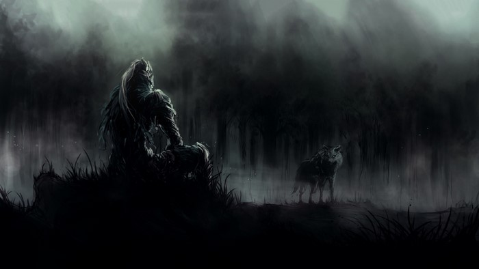 Artorias from Dark Souls in a dark forest with a wolf
