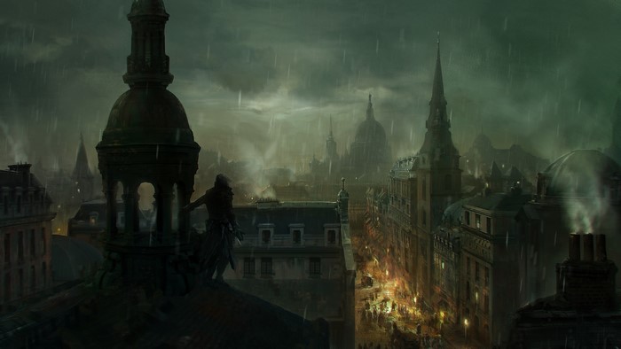 Assassin from Assassin's Creed Syndicate on a rainy city rooftop