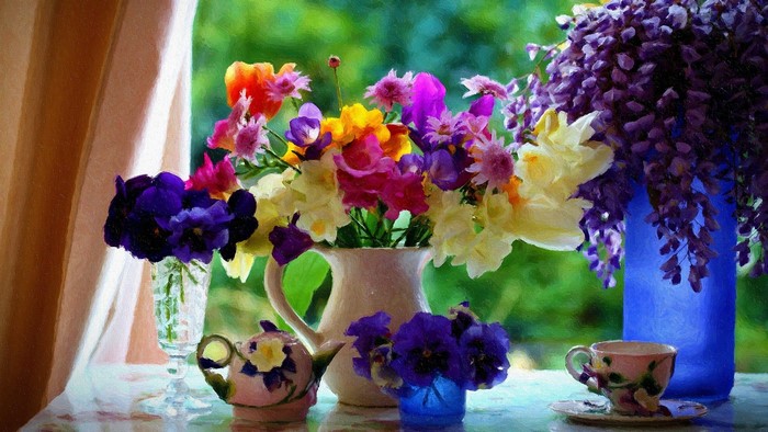 Still life painting of flowers in vases with a teapot and cup