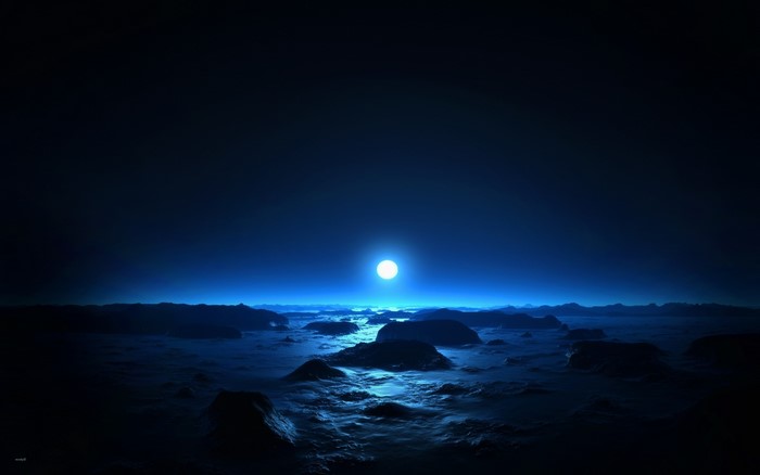 Moonlit rocky landscape with glowing horizon