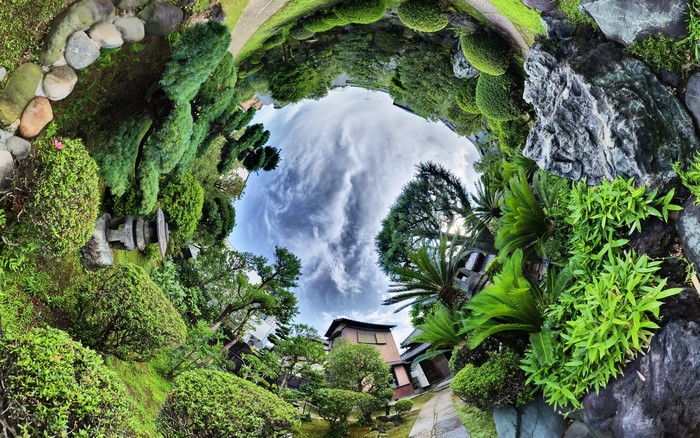 Panoramic Japanese garden with a fisheye lens view