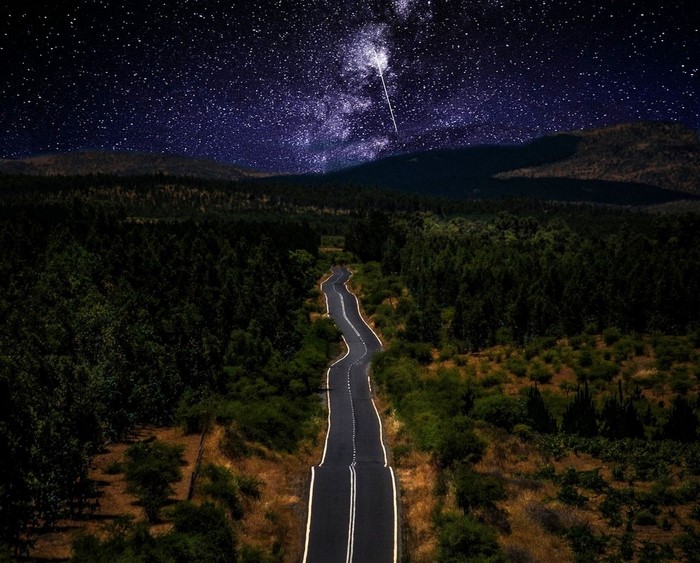 Road through forest under starry night sky with Milky Way