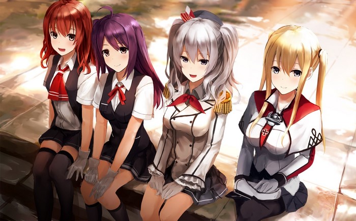 Anime girls from Kantai Collection in school uniforms