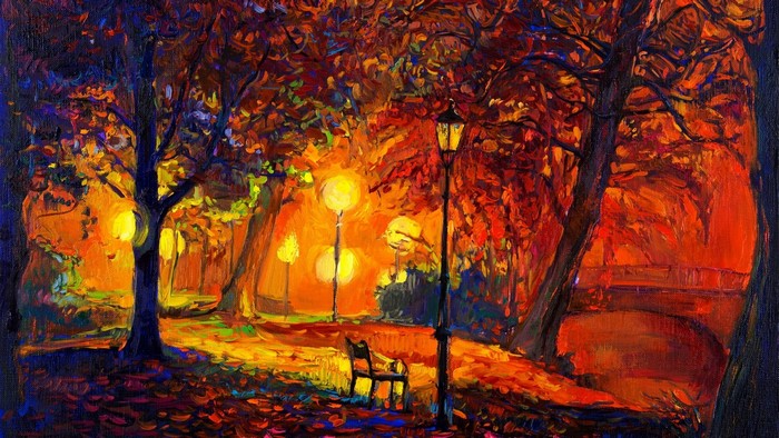 Impressionist painting of a park at night with autumn leaves