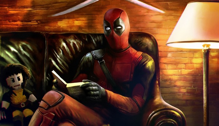 Deadpool reading a book with a doll