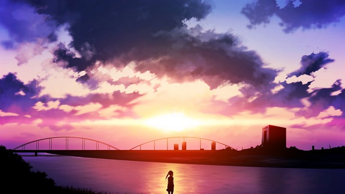 Anime sunset over river with bridge and building