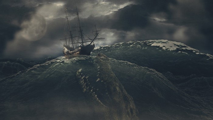 Sailing ship in a stormy sea with a sea monster