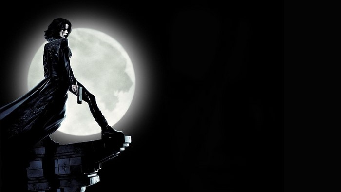 Selene from Underworld with a full moon