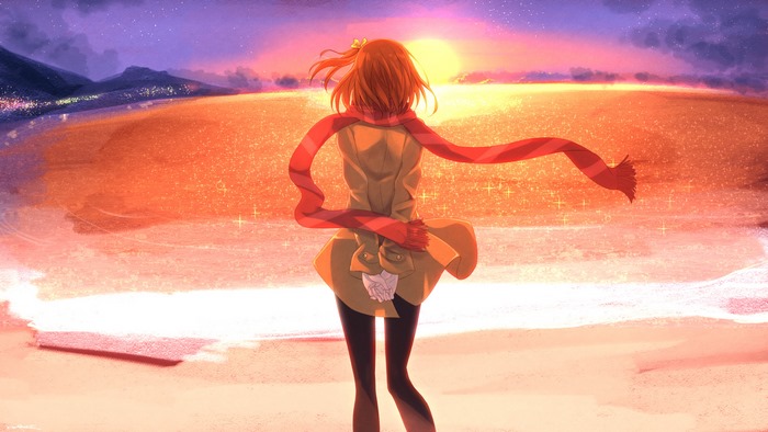 Anime girl with scarf at sunset