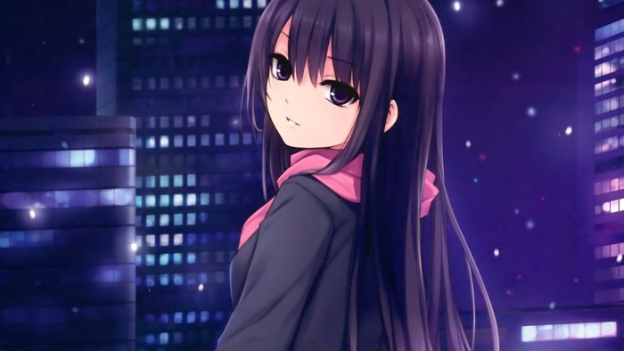 Anime girl with black hair and pink scarf in city at night