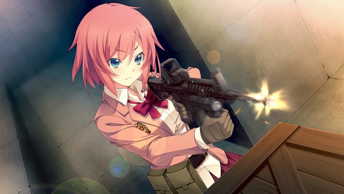 Anime girl with pink hair holding a rifle