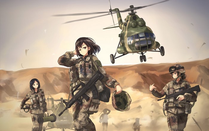 Anime military women with Mi-8 helicopter