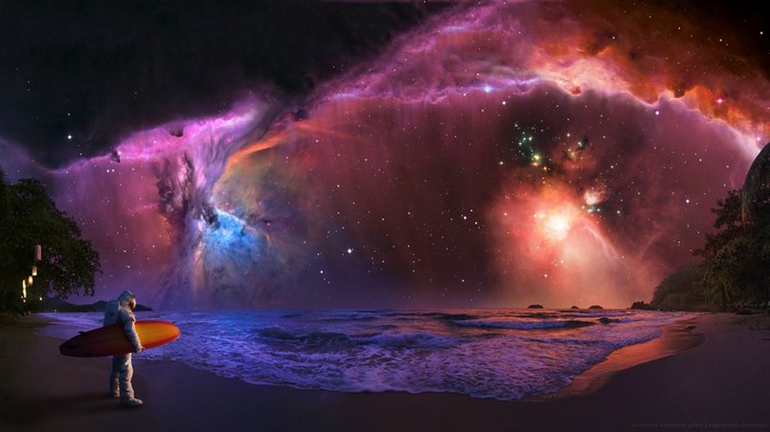 Astronaut with surfboard on beach looking at nebula