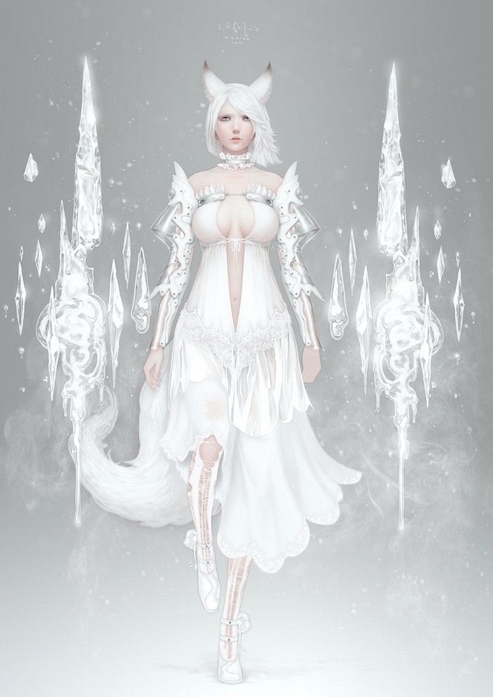 Anime girl with white hair and fox ears in a white dress