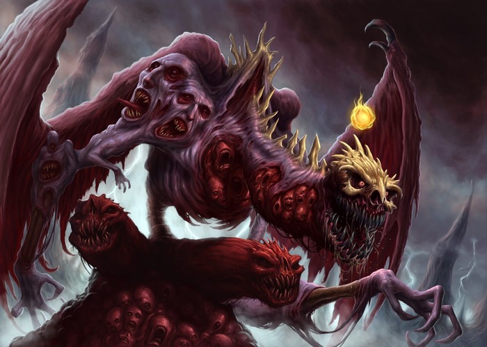 Demonic creature with multiple faces and wings
