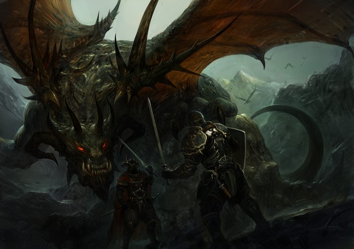 Fantasy art of a dragon fighting knights