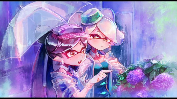 Callie and Marie from Splatoon under an umbrella in the rain
