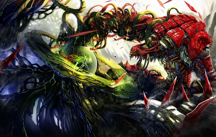 Fantasy battle between a green mech and a red robot